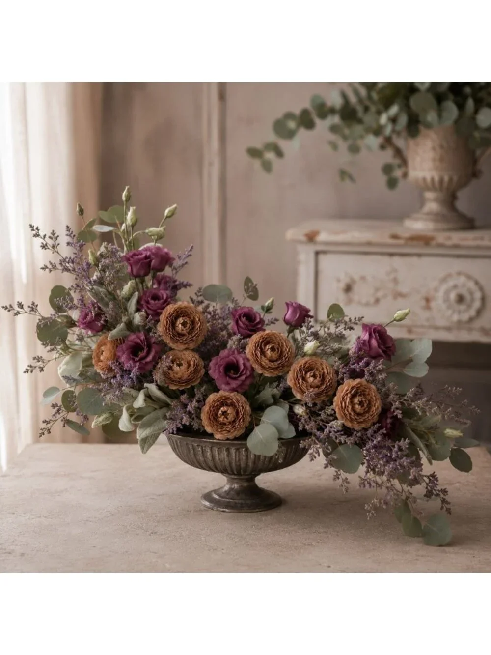 Chocolate Cream Brown Artificial Peony Ranunculus Flowers Set of 6 with 7 Inch W